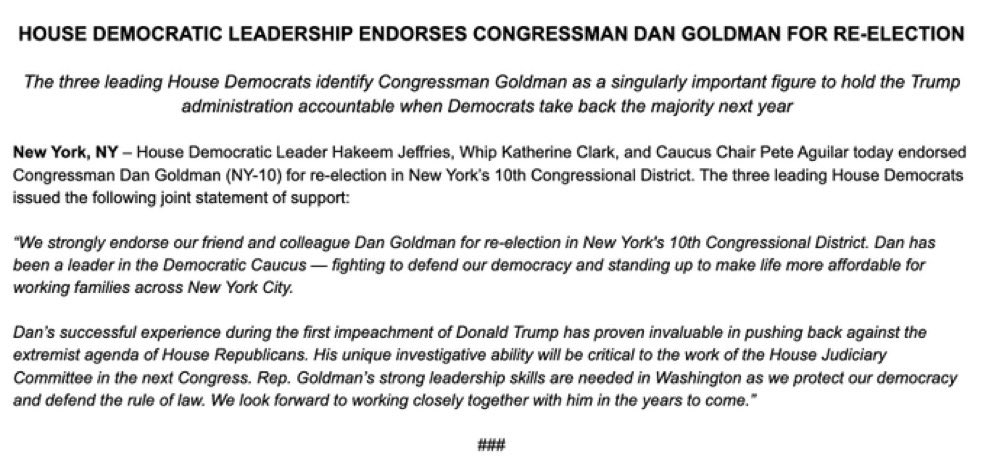 PollTracker2024's tweet image. Hakeem Jeffries and other members of House Democratic leadership endorse incumbent Rep. Dan Goldman (D-NY) for Congress in #NY10