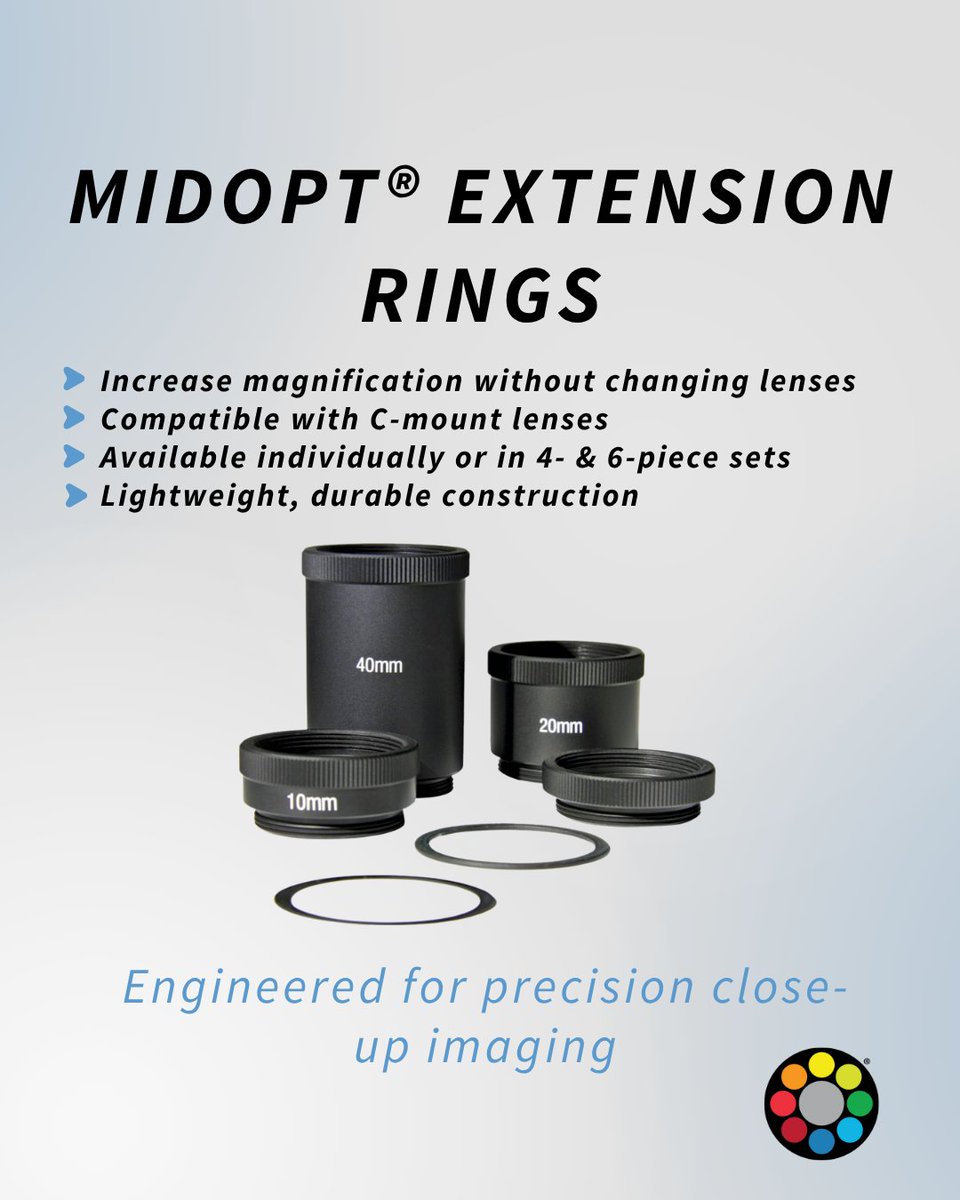 Sharpen your close-ups 🔍
MidOpt® Extension Rings let you focus closer &amp; capture more detail — without changing lenses.
 
 ✅ Reduce MOD
 ✅ Increase magnification
 ✅ Sets of 4 or 6 available
 🔗 midopt.com/accessories/ex…
 #MachineVision #Optics #Imaging #Inspection