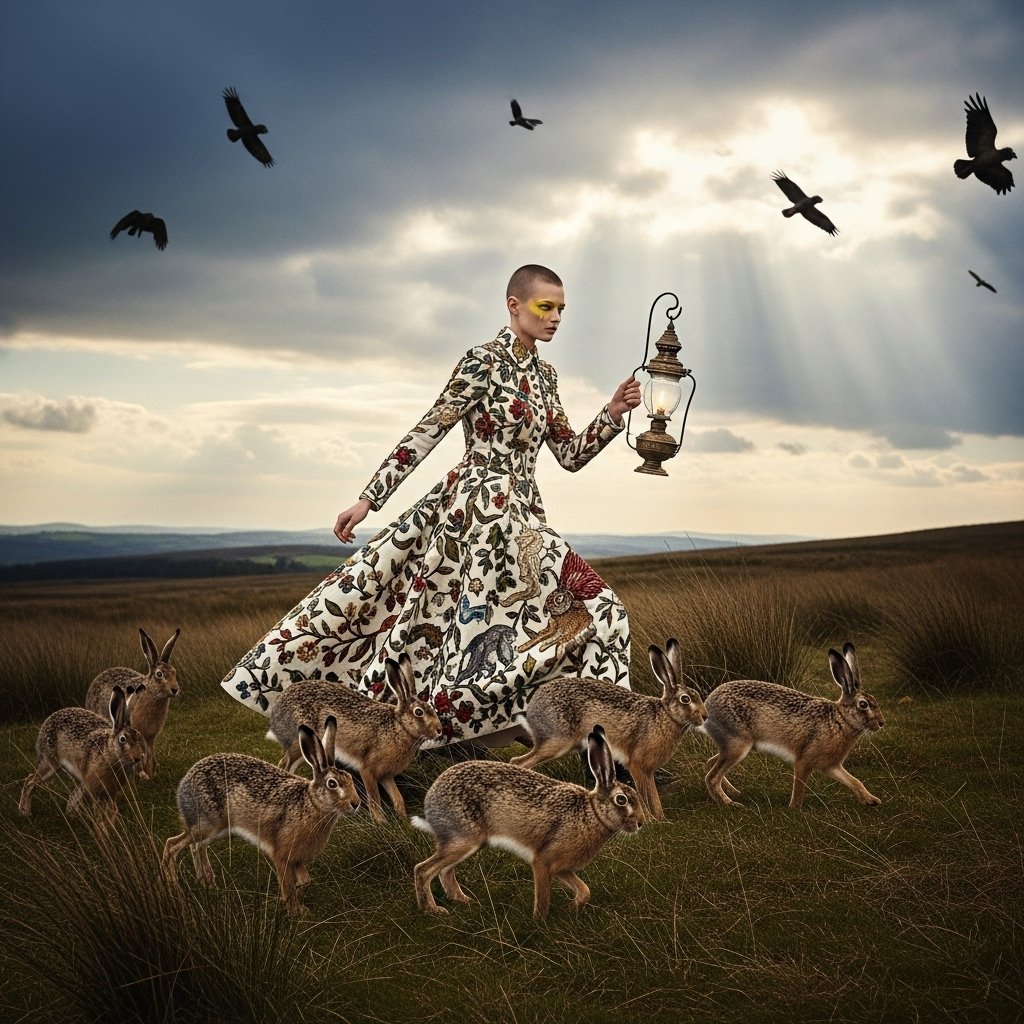 syntaxaegis's tweet photo. She walks the moor in embroidered prophecy, flanked by hares and lit only by the patience of a lantern. The crows decline to comment.

#hautecouture #surrealism #art #couture #fashionphotography https://t.co/5q3uQbIR0m