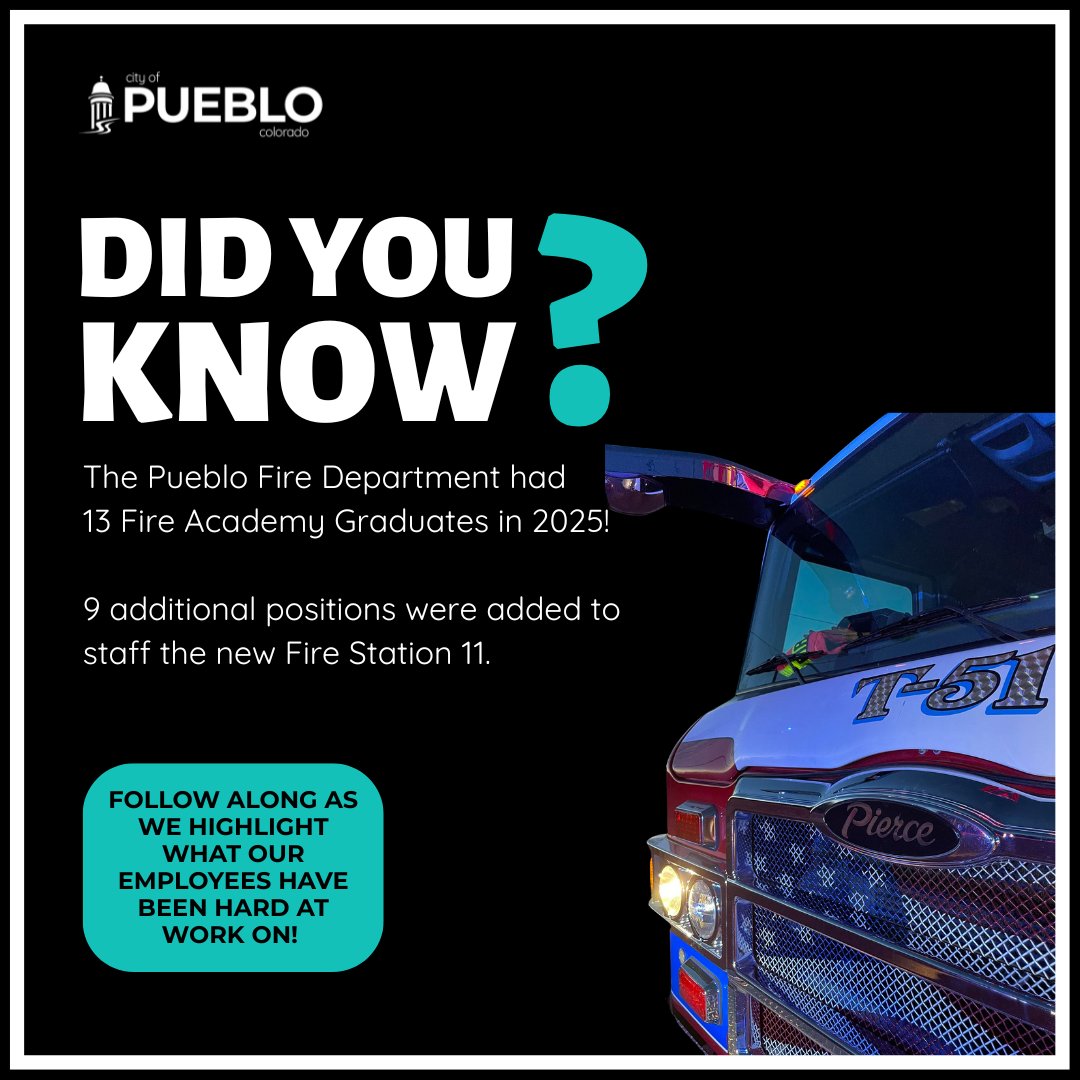 𝐃𝐢𝐝 𝐲𝐨𝐮 𝐤𝐧𝐨𝐰? 

9 additional positions were added to staff the new Fire Station 11.  
The Pueblo Fire Department had 13 Fire Academy Graduates in 2025! 

Way to keep the City running!