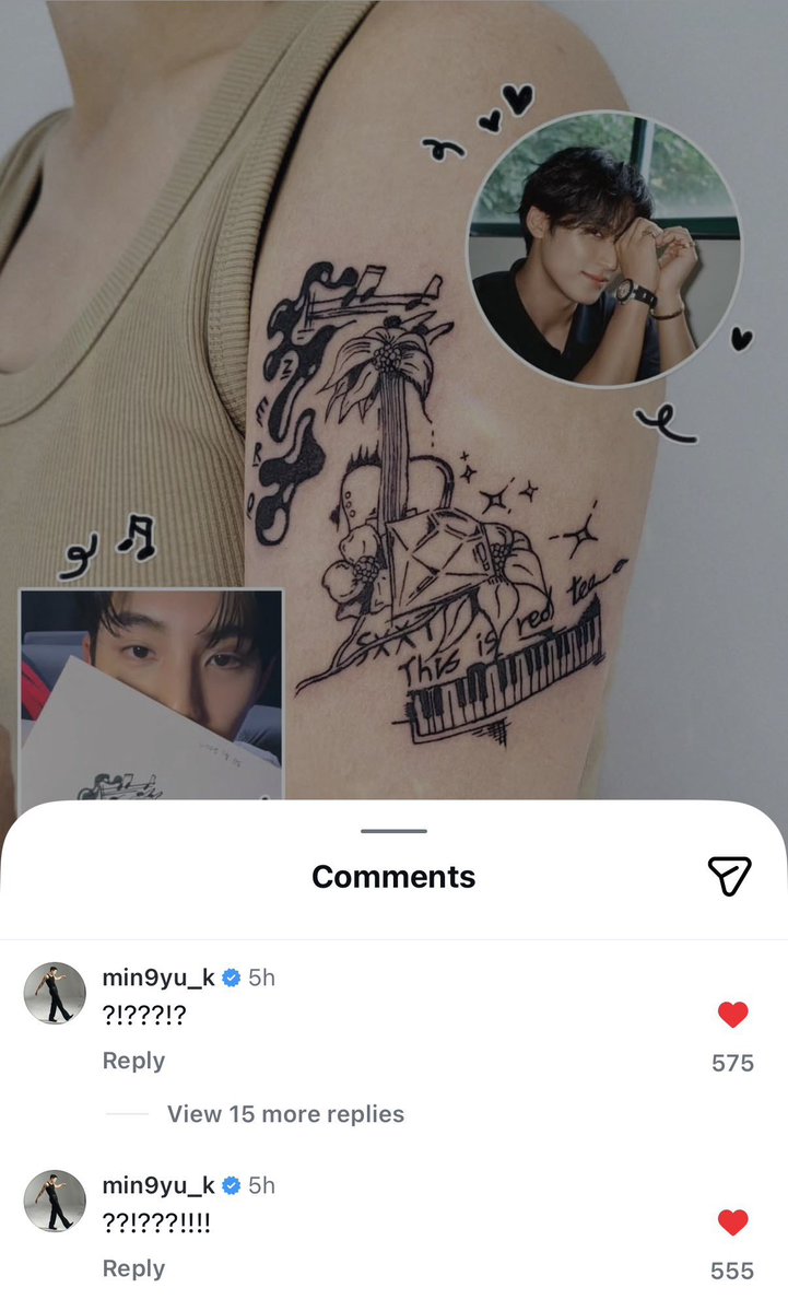 minwonshu's tweet image. carat tattoed mingyu's drawing and mingyu replied to their ig post TWICE😭 #민규 #세븐틴 

🐶 ?!???!?

🐶 ??!???!!!!

i can hear him helppp 😂