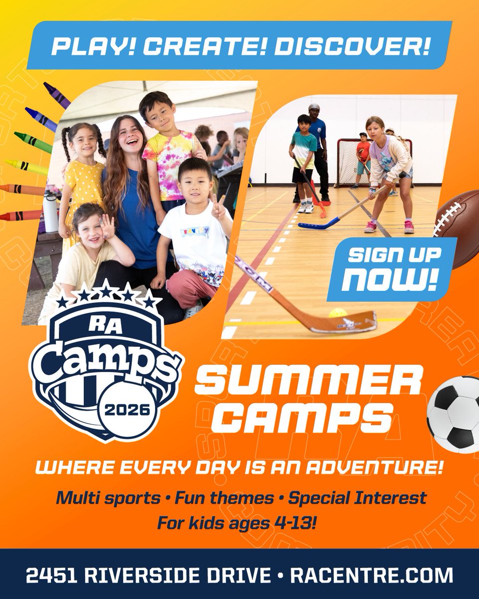 Registration is OPEN for RA Summer Camps 2026! 😎 Day Camps, Sports Camps, Special Interest Camps, and MORE!

RA Camps offer an action-packed collection of engaging activities to keep your little ones busy all summer-long! 🙌

racentre.com/summer-camps