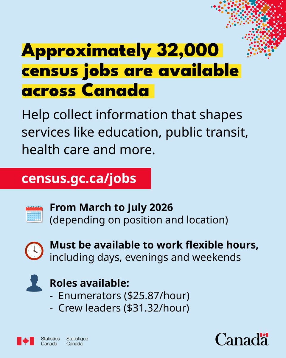 We are hiring approximately 32,000 enumerators and crew leaders across Canada for the #2026Census! Gain experience, earn income and support an important national initiative.

Apply now: census.gc.ca/jobs?utm_sourc…
