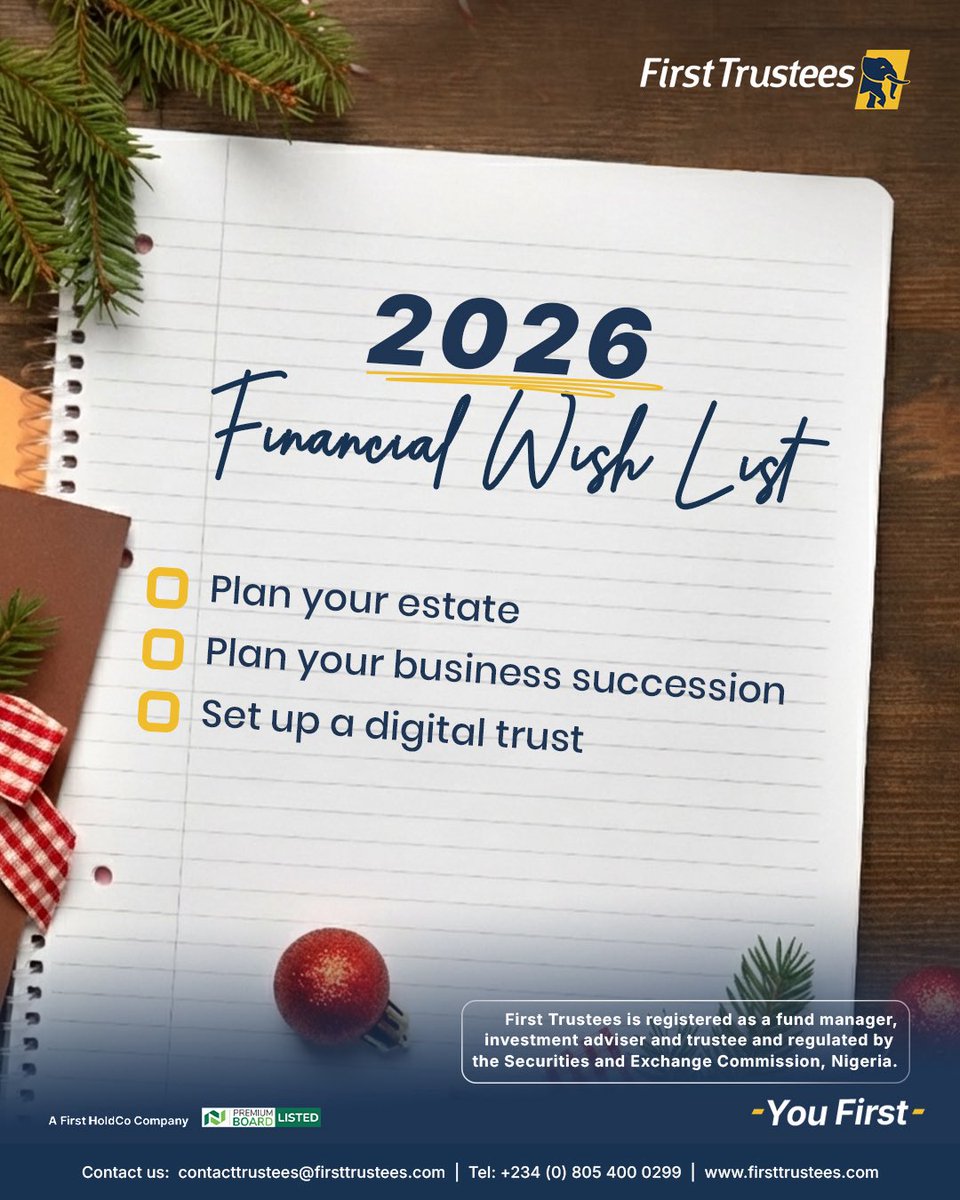 FirstTrustees's tweet image. Don’t just wish it.

Put in the work to make it happen this year.

Let’s show you how to turn your dreams into reality.

First Trustees is registered as a fund manager, investment advisor and trustees and regulated by the Securities and Exchange Commission, Nigeria.…