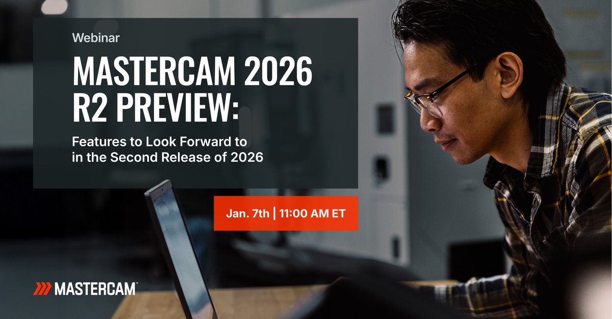 Mastercam's tweet image. 🚀 Mastercam 2026 R2 is almost here - bringing faster GPU simulation, smarter Copilot tools, multiaxis upgrades, and expanded probing support.

Get an exclusive first look TOMORROW at 11 AM ET!

🔗 Learn what’s new + register: bit.ly/450BPJf