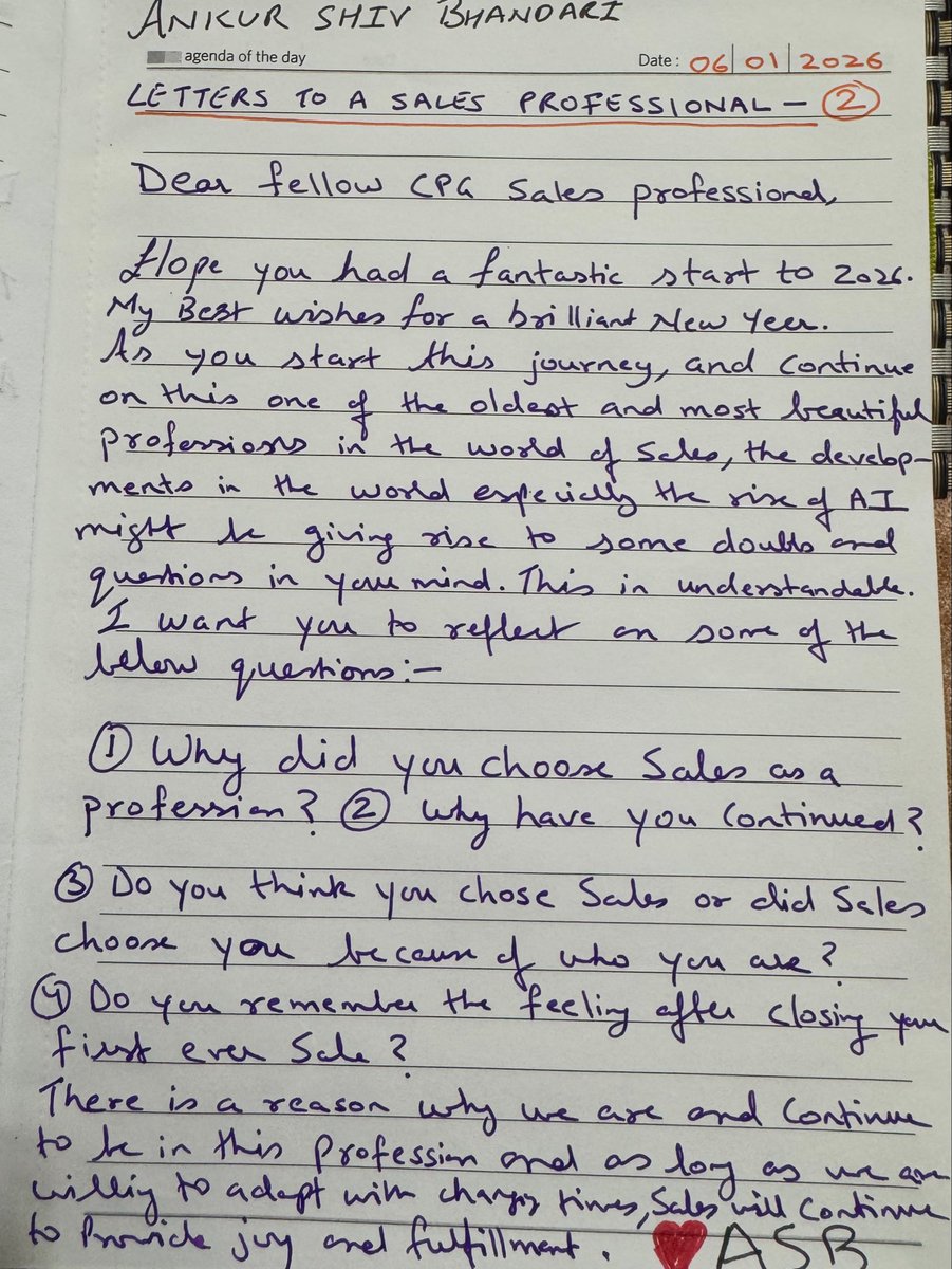 Letters to a Sales Professional - 2
(Second in a set of handwritten letters for CPG Sales Professionals)

Dear fellow CPG Sales professional,

Hope you had a fantastic start to 2026.
My Best wishes for a brilliant New Year.

❤️ASB

#lovesales #fmcg #retail #ankurshivbhandari