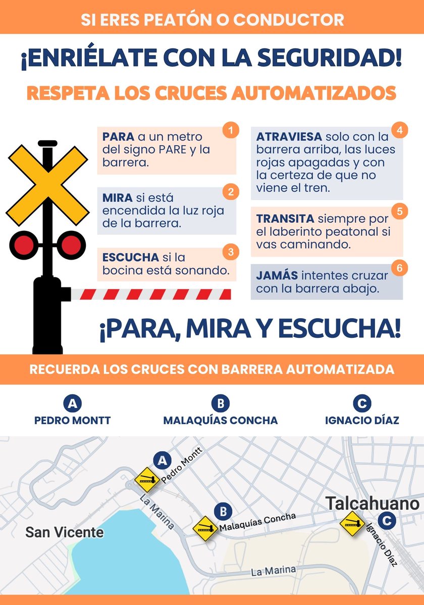 "Respeta los cruces automatizados" es el mensaje que a través de volantes de la campaña #EnriélateConLaSeguridad comenzó a repartir SVTI y Puertos de Talcahuano a los transportistas que entran y salen del puerto de San Vicente.
