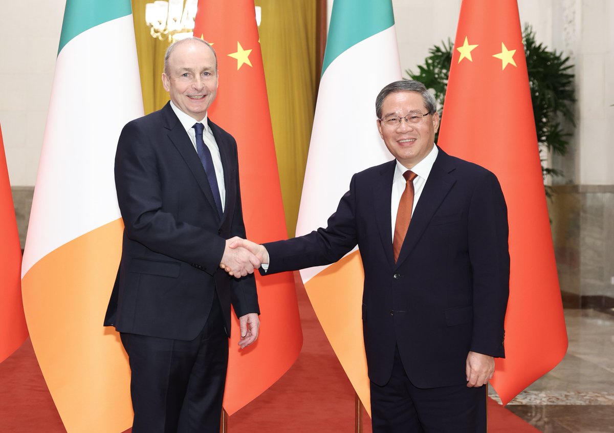 Chinese Premier Li Qiang held talks with Taoiseach of Ireland Micheál Martin in Beijing.

#China stands ready to work with #Ireland to enhance political mutual trust, take into account each other’s major concerns and core interests, advance high-quality practical cooperation, and