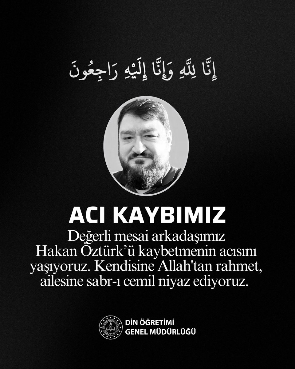 Değerli mesai arkadaşımız Hakan Öztürk, perşembe günü öğle namazını müteakip Ankara Karşıyaka Mezarlığında ebediyete uğurlanacaktır.

1. Kapı, L22, parsel 177