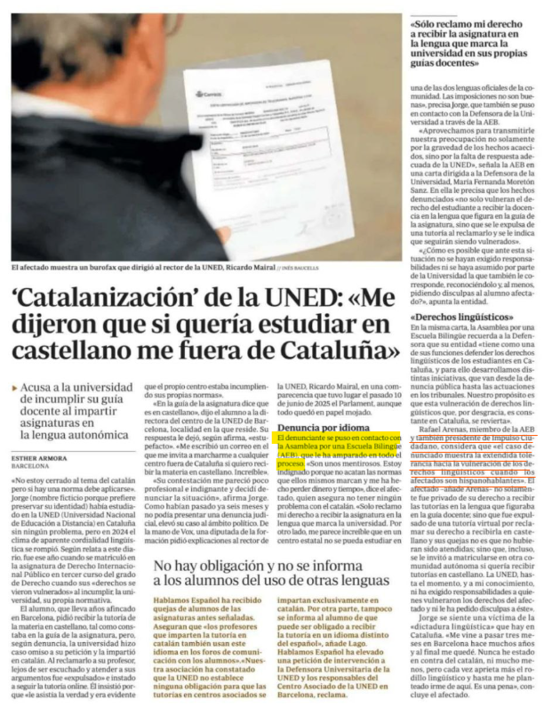 AEBCatalunya's tweet photo. La UNED calla ante la queja de un alumno al que se le impide estudiar en español en Cataluña a pesar de que se matriculó con esas condiciones
El rector @rmairal ampara a los responsables en Cataluña que menosprecian a los hispanohablantes y actúan contras sus derechos 
@abc_es 👇 https://t.co/siLP2hjRUd