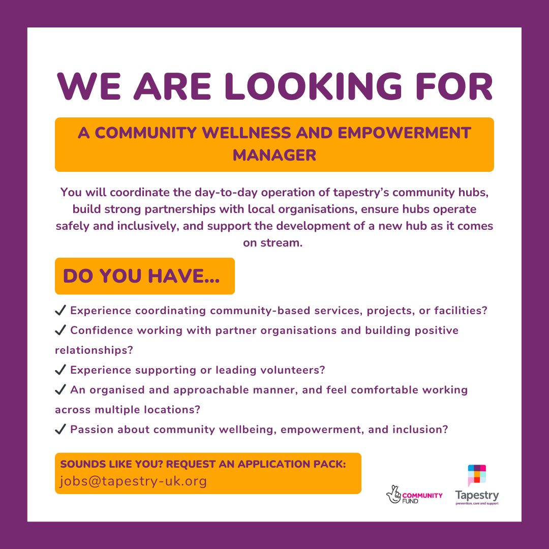 TapestryCare's tweet photo. Tapestry is looking for a Community Wellness and Empowerment Manager to coordinate our community hubs across Havering.

22.5 hours per week | £15.49 per hour | Fixed-term
📍 Multiple locations

Email: jobs@tapestry-uk.org for an application pack.

[tags]
#haveringjobs #havering https://t.co/CtXaVCKsdB