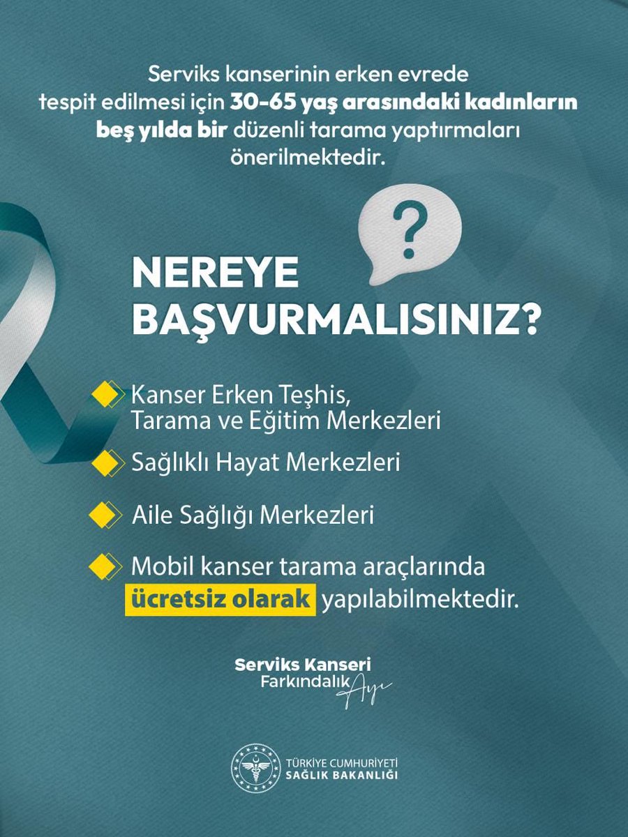 Rahim ağzı (Serviks) kanseri önlenebilir bir hastalıktır. Düzenli taramalarla sağlığınızı koruyabilir; 
➡️ Aile Sağlığı Merkezleri
➡️ Sağlıklı Hayat Merkezleri
➡️ Kanser Erken Teşhis, Tarama ve Eğitim Merkezleri (KETEM)
➡️ Mobil Tarama Araçları 
aracılığıyla ücretsiz tarama