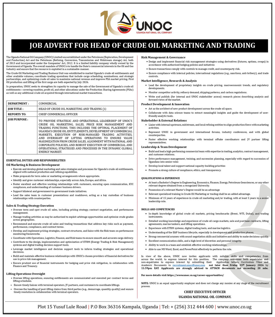 We are urgently searching for a Head of Crude Oil Marketing and Trading to lead and oversee UNOC’s crude oil marketing function at both strategic and operational levels.

Applications are open to suitably qualified candidates, whether expatriate or non-expatriate. Submit an
