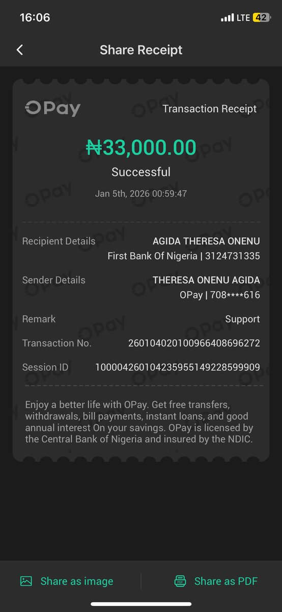 AgidaTheresa's tweet photo. @OPay_NG I made a tranfer on 5th January 2026, which has not been received by the beneficiary till now, the recipient has checked and gone as far as getting a bank statement and the money is not there 
Please kindly treat the issue and resolve it urgently https://t.co/4qVvRbRmpk
