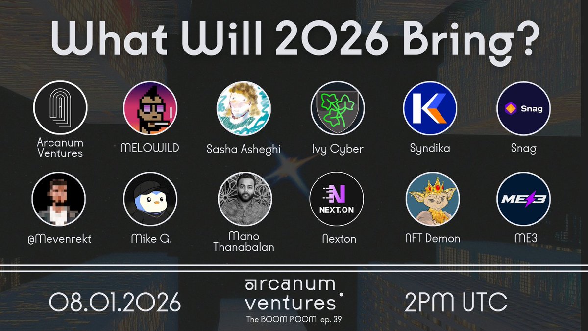 ArcanumVentures's tweet photo. This Thursday, we are kicking off the first BOOM ROOM Space of 2026!

We are looking ahead at what to expect across tech, AI, and crypto. 

The narratives are forming now. The assumptions that will not survive the year. And where real change is likely to come from.

No hype cycles. No hot takes for engagement.
Just grounded predictions and honest debate.

Join us live!

📅 Thursday, January 8th, 2026
🕐 2PM UTC 

Hosts:

- @ArcanumVentures 
- @BOOMROOMpodcast 
- @MELOWILD 
- @cryptodatawiz 

Panelists:

- @ivycybered 
- @profdiggity 
- @Syndika_co 
- @tzahi_kanza 
- @valeri_ignati 
- @ZHeerwagen  
- @Snag_Solutions 
- @MevenRekt 
- @off_magnum 
- @ManoThanabalan 
- @NextonNode 
- @nftdemonparody 
- @Me3Labs