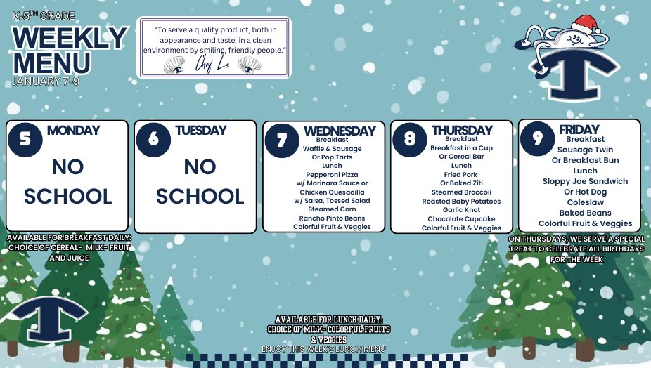 NEMiddle's tweet image. 🍽️ Breakfast &amp;amp; Lunch Menus for This Week
It’s a short week, and we’re excited to welcome students back tomorrow! Be sure to check out what’s on the menu for breakfast and lunch.
👉 Menus are always available under Explore &amp;gt; Dining on your school’s website.