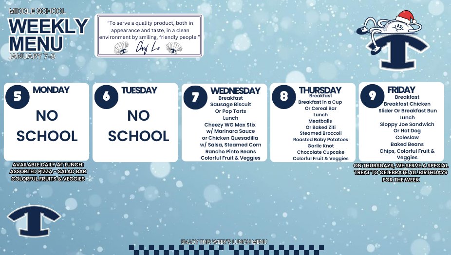 NEMiddle's tweet image. 🍽️ Breakfast &amp;amp; Lunch Menus for This Week
It’s a short week, and we’re excited to welcome students back tomorrow! Be sure to check out what’s on the menu for breakfast and lunch.
👉 Menus are always available under Explore &amp;gt; Dining on your school’s website.