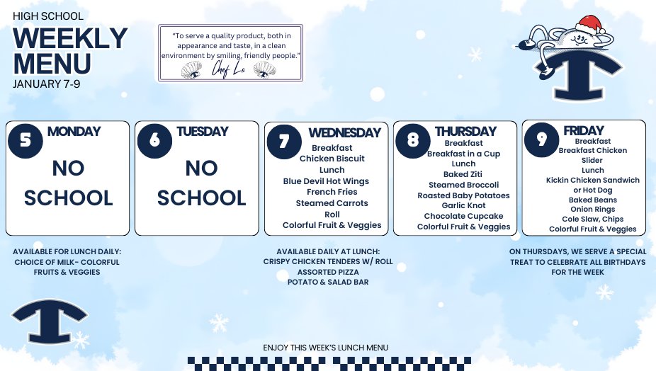 NEMiddle's tweet image. 🍽️ Breakfast &amp;amp; Lunch Menus for This Week
It’s a short week, and we’re excited to welcome students back tomorrow! Be sure to check out what’s on the menu for breakfast and lunch.
👉 Menus are always available under Explore &amp;gt; Dining on your school’s website.