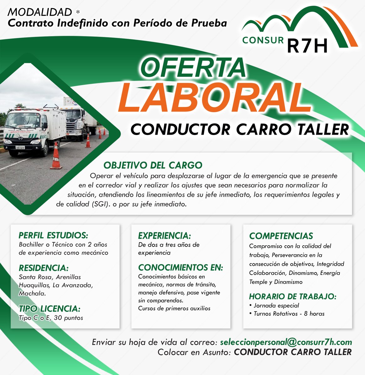 📁 OFERTA DE EMPLEO📁
Se receptan hojas de vida DIGITALES: 
Cargo: CONDUCTOR CARRO TALLER 
Residencia: Santa Rosa, Arenillas, Huaquillas, La Avanzada y Machala. Enviar su hoja de vida al email: seleccionpersonal@consurr7h.com ubicando en asunto el cargo al que están aplicando  👇