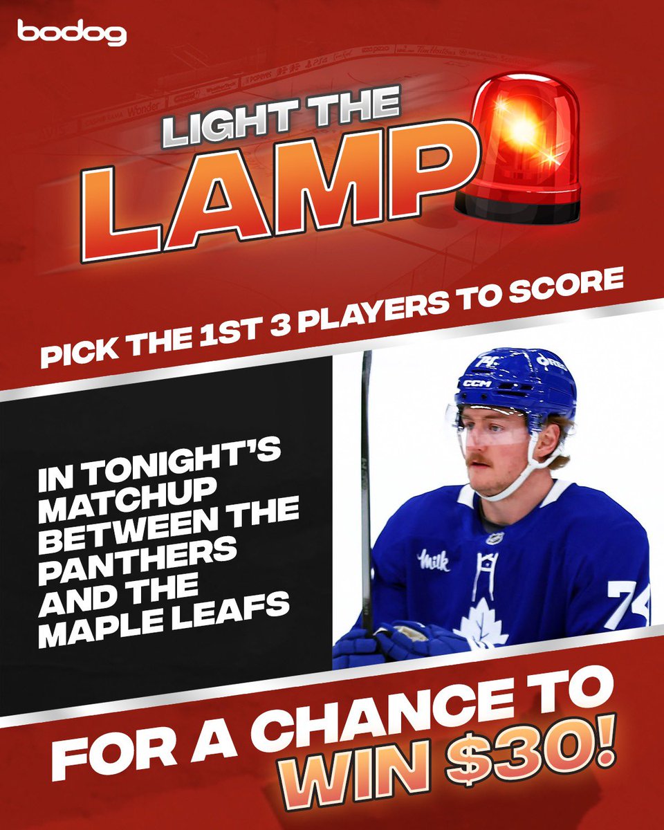 Ozoon_CA's tweet photo. 🚨🏒 BODOG PRESENTS… LIGHT THE LAMP! 

To enter: 

• Follow @BodogCA 

• 🔁 and reply with what players you think will score the first 3 goals in the Leafs vs Panthers game tonight!

We’ll pick a lucky winner!

If no one guesses correct or if at least 3 players don’t score in the game listed, the pot will grow by $10 🤑

#NHL ➡️ https://t.co/AwKsHB2dZu 

#LightTheLamp 

*Must enter before end of 1st period, be 🇨🇦 and 18+ 
All terms and conditions can be found here: https://t.co/whI6qS6Jpn