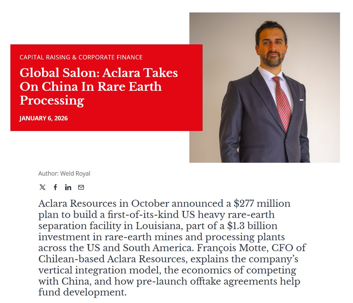 Aclara CFO François Motte breaks down heavy rare earths western supply scarcity, competing with China, and future offtake agreements in this interview with <a href="/GFmag/">Global Finance</a>: gfmag.com/capital-raisin… #RareEarths #MiningNews $ARA.TO