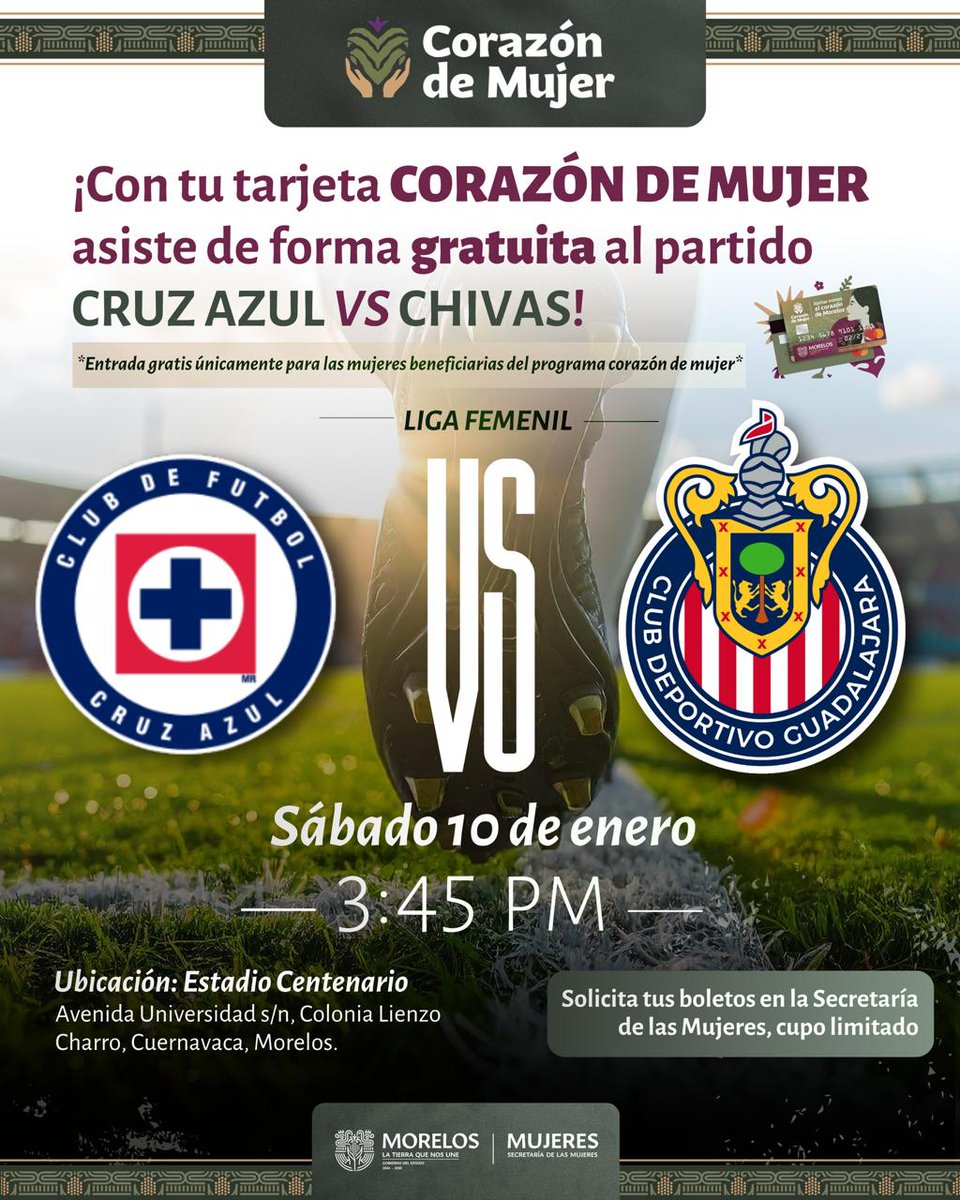 Porque el disfrute también es un derecho 💜⚽
Con tu tarjeta Corazón de Mujer, vive la emoción del fútbol femenil y asiste gratis al partido Chivas vs Cruz Azul.
🎟️ Solicita tus boletos a través de la página de la secretaría de las mujeres y pasa por ellos este8 y  9 de enero.