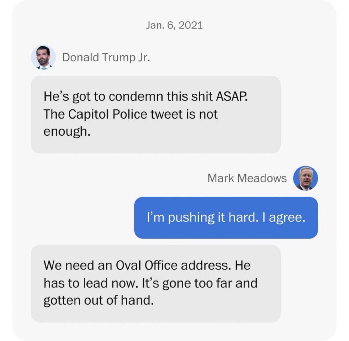 Don Jr’s texts to Trump’s chief of staff on January 6th: “He’s got to condemn this shit ASAP… It’s gone too far and gotten out of hand”