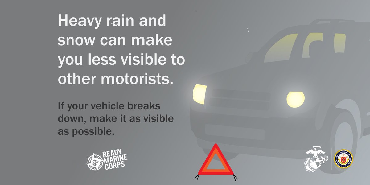 What to do if you are stranded in your car during a snowstorm:
· Call for help.
· Stay inside your vehicle. Exiting the car can be dangerous! 
· Conserve your fuel. 
· Make your vehicle visible to rescuers. 
#ReadyUSMC
#WinterSafety https://t.co/3ra3YLucOh