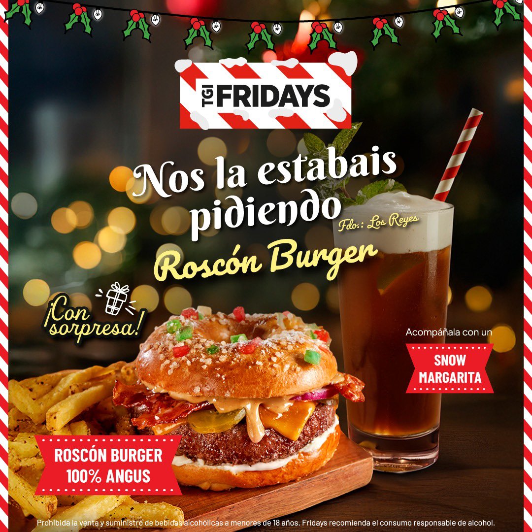 🎄🍔 ¡La magia existe! El Día de Reyes te espera en Fridays la Roscón Burger, una burger única con grandes sorpresas. 🎁 Combínala con el Snow Margarita con Coca-Cola 🍹 y llévate unos bola decorativa Coca-Cola de regalo 🎅. ¡Solo hasta el 11 de enero! ⏳