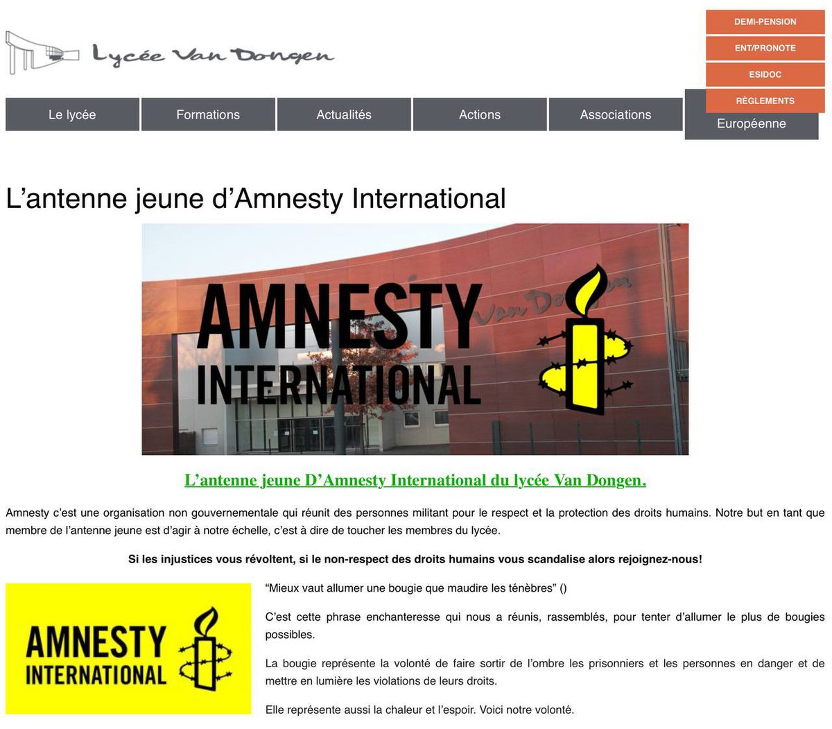 🟡 ALERTE PROPAGANDE

au lycée Van Dongen de Lagny-sur-Marne:

Amnesty Internationale distribue des badges pro migrants aux élèves et les lycéens sont invités à faire signer les pétitions de l’association.

L’une d’entre elles réclame l’autorisation du port du voile dans les