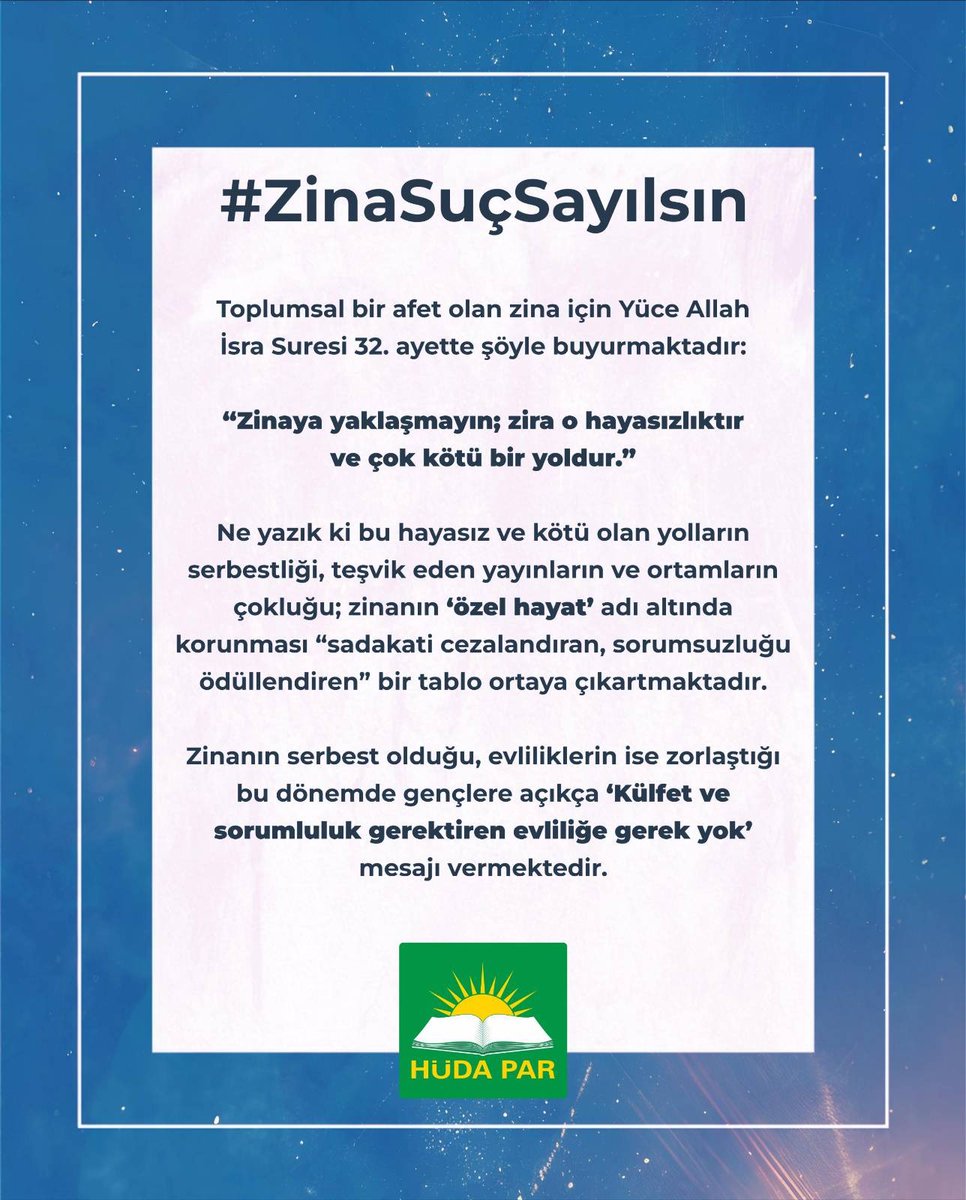 Aile kurumu korunmak isteniyorsa boşanma sebepleri arasında ikinci sırada yer alan zina suç sayılmalıdır. 
#ZinaSuçSayılsın