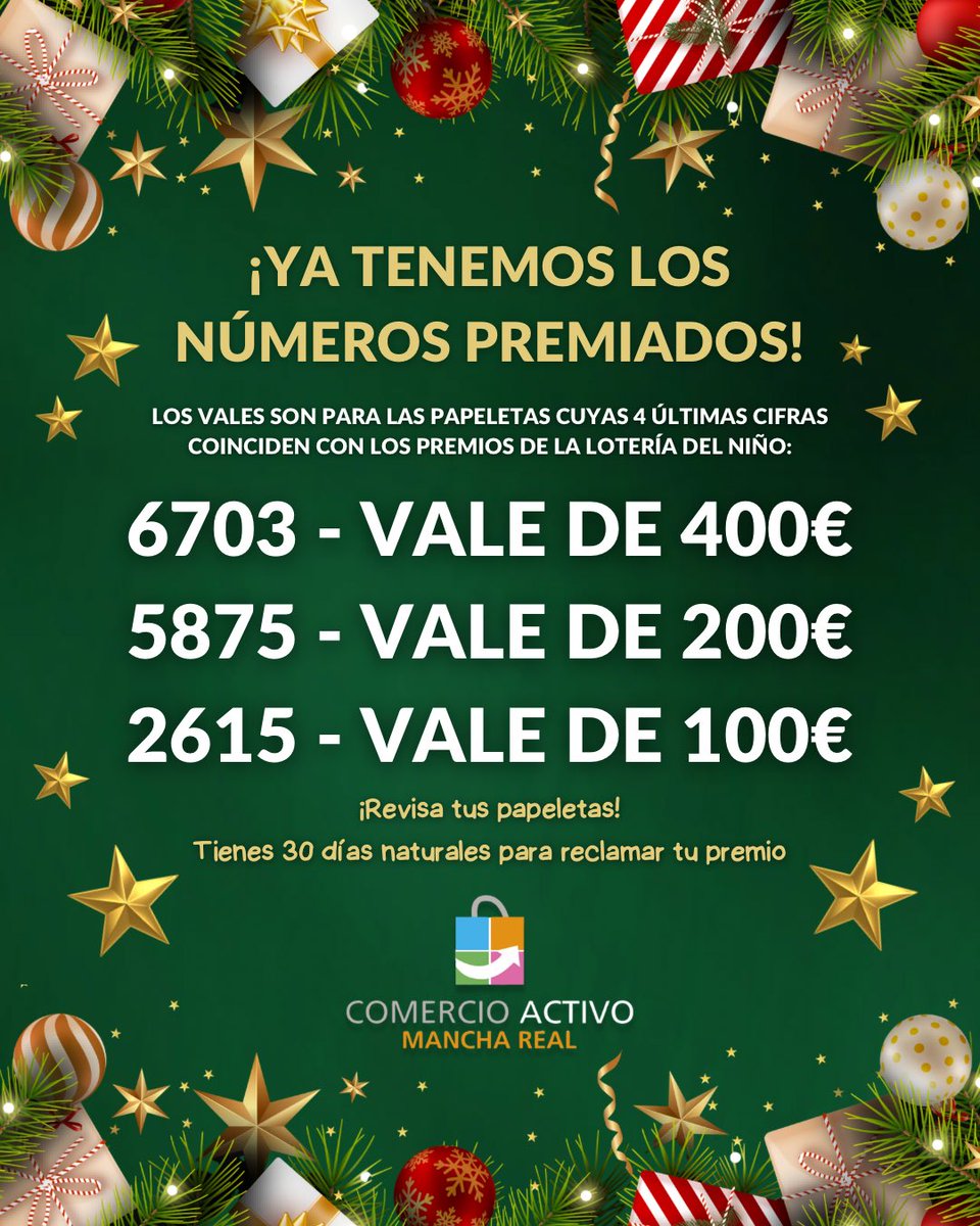 ¡LA SUERTE YA ESTÁ AQUÍ! 👑🎁 ¿Tienes la papeleta premiada?

Ya conocemos los números ganadores de los vales (4 últimas cifras de la Lotería del Niño) de la Asociación Comercio Activo:

🥇 6703 — 400€
🥈 5875 — 200€
🥉 2615 — 100€

#ManchaReal #LoteríaDelNiño #ComercioLocal