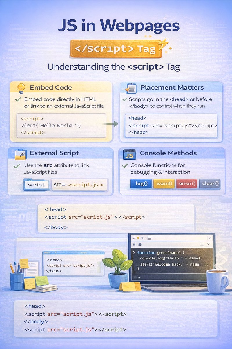 0xpankajkumar's tweet photo. 🚀 JavaScript in Webpages

JavaScript powers interactivity on the web — and the <script> tag is how it comes to life inside a webpage. Here’s how it works 👇 https://t.co/OUQ7xHtm8X