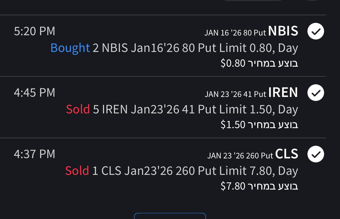 OptionFlowIL's tweet image. NBIS - closed postion at 75% profit.
אכתוב פוטים מחדש כשאראה לנכון.

בנוסף נכתבו פוטים על איירן וCLS - סה"כ נאספו 1530 דולר בפרמיות לחשבון  -  כולן  ל23/01.
תשואה של 3-3.5% לשבועיים וחצי.