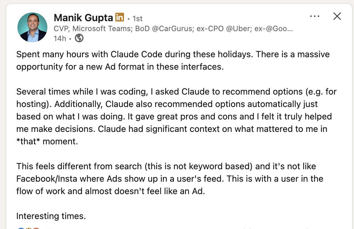 "Fuck it you should put ads in Claude Code"
LinkedIn is Hell on Earth. https://t.co/aXjv7asPAF