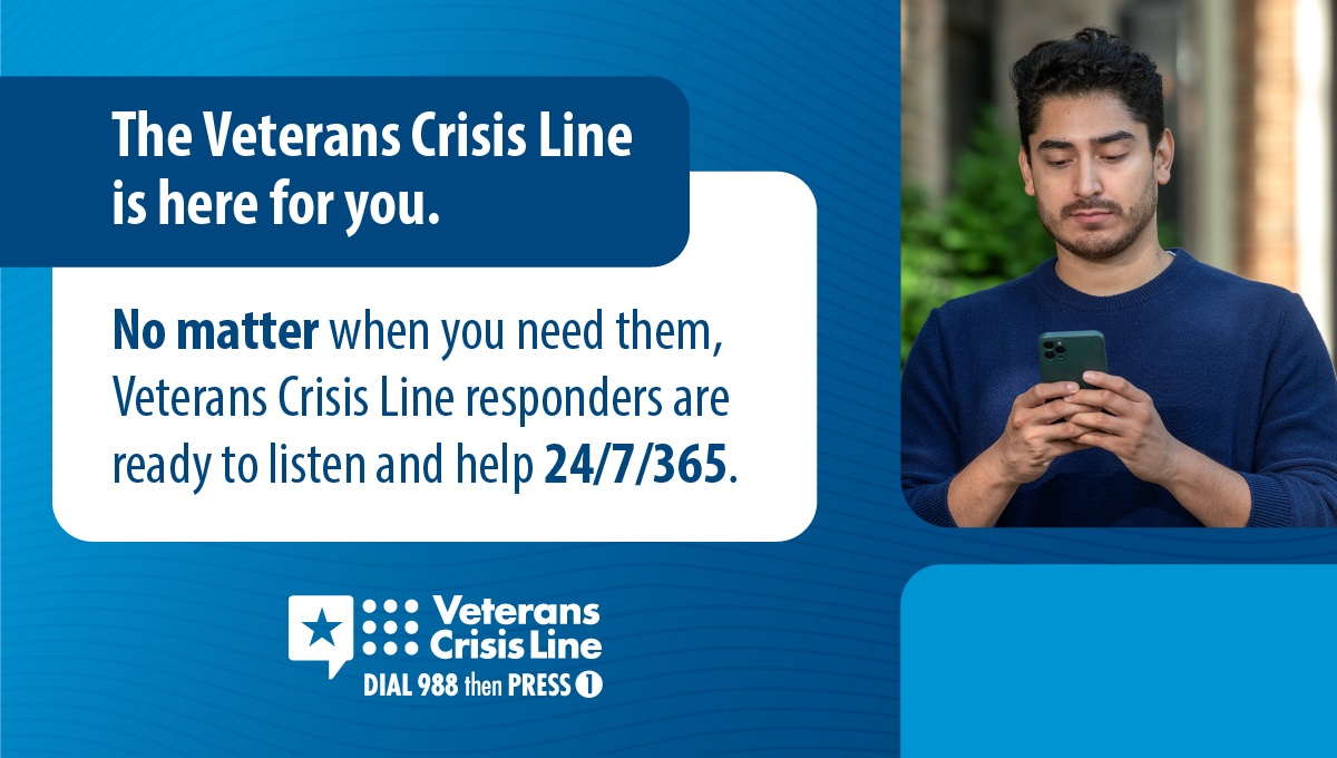 You matter and with the right help, things can get better. The Veterans Crisis Line offers support to all Veterans and their loved ones, day or night.

Reach out today: 
Dial 988 then Press 1, chat at https://t.co/x2p38X3MzO, or text 838255.
#SuicidePrevention

#SuicideAwareness https://t.co/zflJysiET3