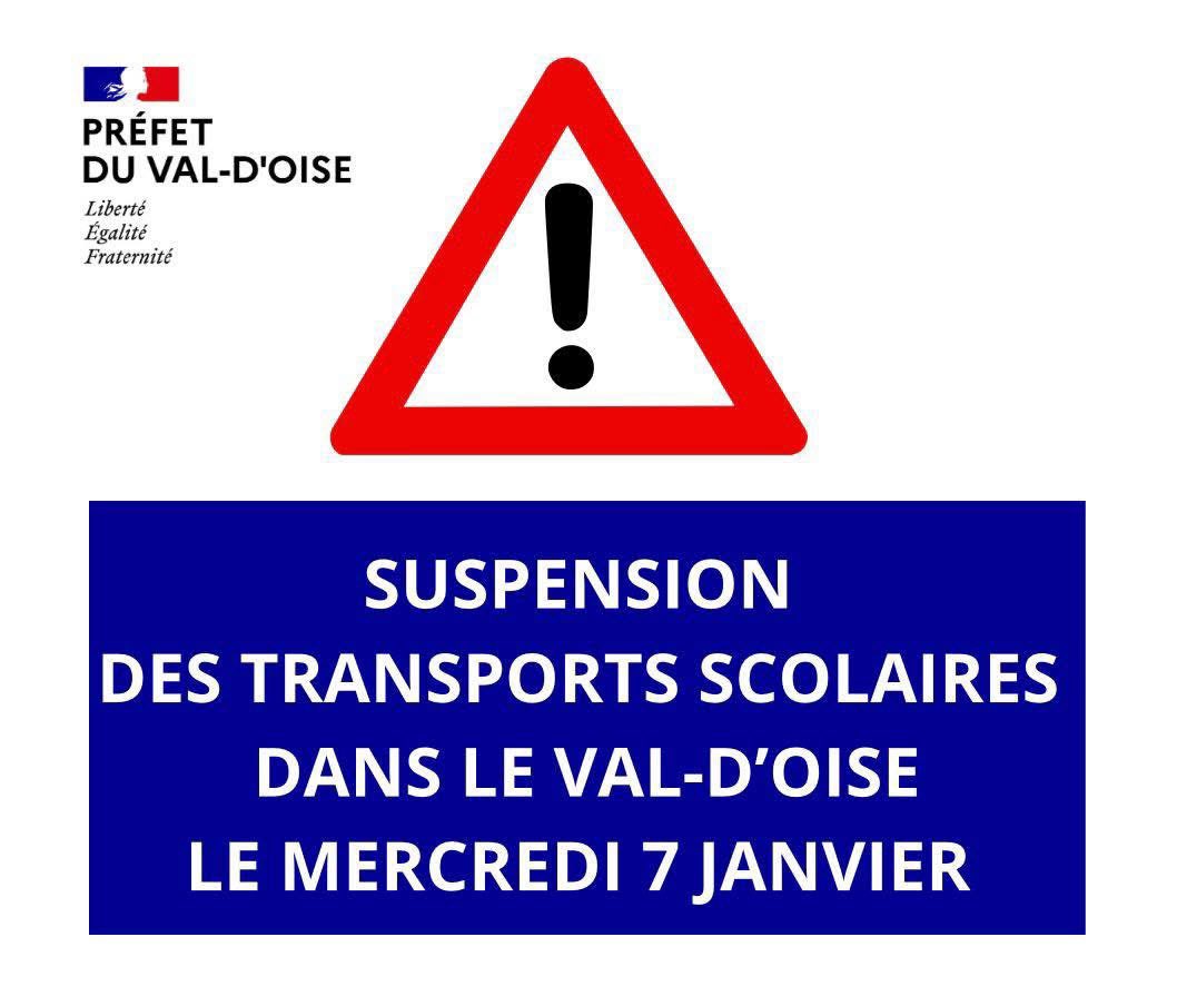 🟠 #NeigeVerglas | En raison des conditions météorologiques annoncées demain matin par @MeteoFrance,
@prefet95 a décidé de suspendre les transports scolaires sur l’ensemble du Val-d’Oise, le mercredi 7 janvier.

✅ Les établissements scolaires restent ouverts.

⚠️ Il est