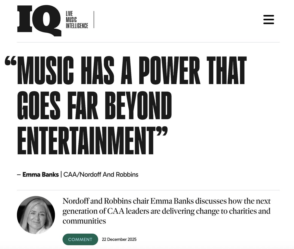 nordoffrobbins's tweet photo. We're very grateful to the Creative Artists Agency, the @caafoundation and their CAA Task Force in London for their dedication in raising funds for us - over £200k to date!

Our Chair @asecretagent discusses in @IQ_Mag why this support is so important
https://t.co/1eMlbZ4Igt https://t.co/i4uLl5FvT5