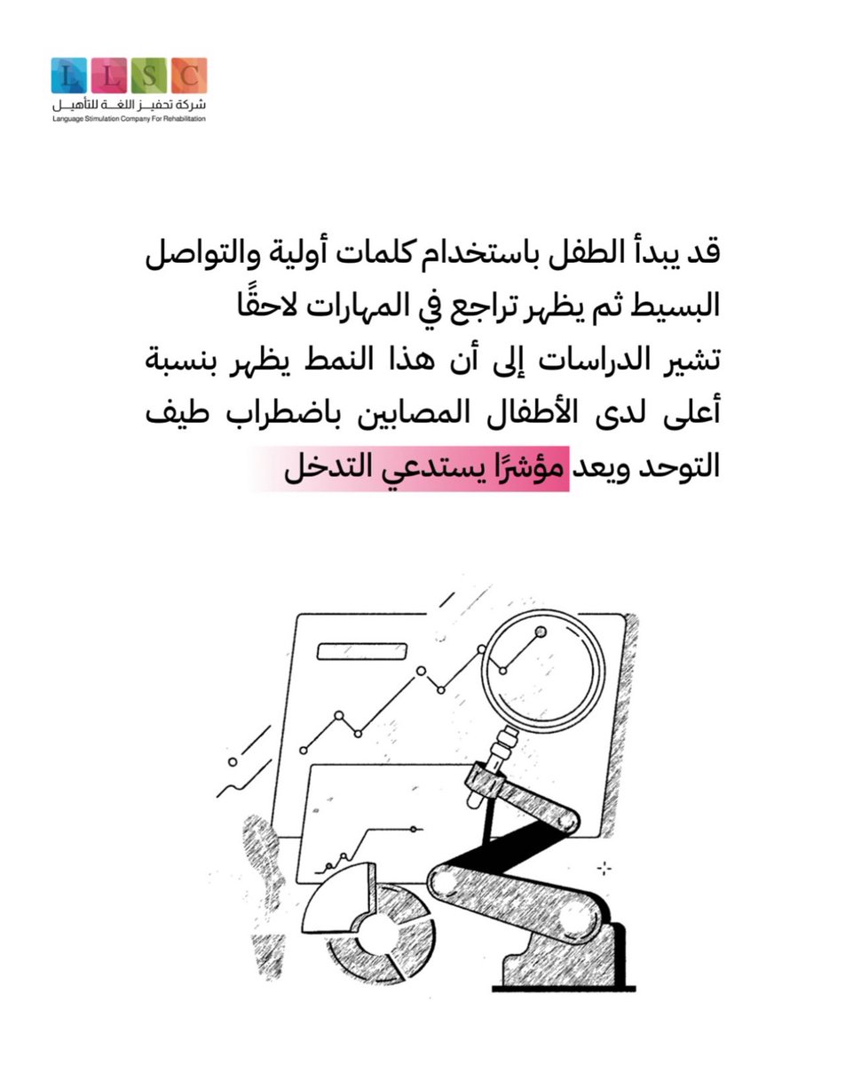 LLSCksa's tweet photo. 32٪ من الأطفال قد يفقدون مهارات لغوية كانوا اكتسبوها سابقًا.
طفل كان يقول كلمات… يتواصل… ثم فجأة يتوقف.

هذا التراجع اللغوي ليس أمرًا بسيطًا،
وغالبًا يكون مؤشر يحتاج انتباه وتدخل مبكر.

الدراسات تؤكد:
كل ما كان التدخل أبكر،
زادت فرص استعادة المهارات وتحسن التواصل. https://t.co/aNeVHzsidP