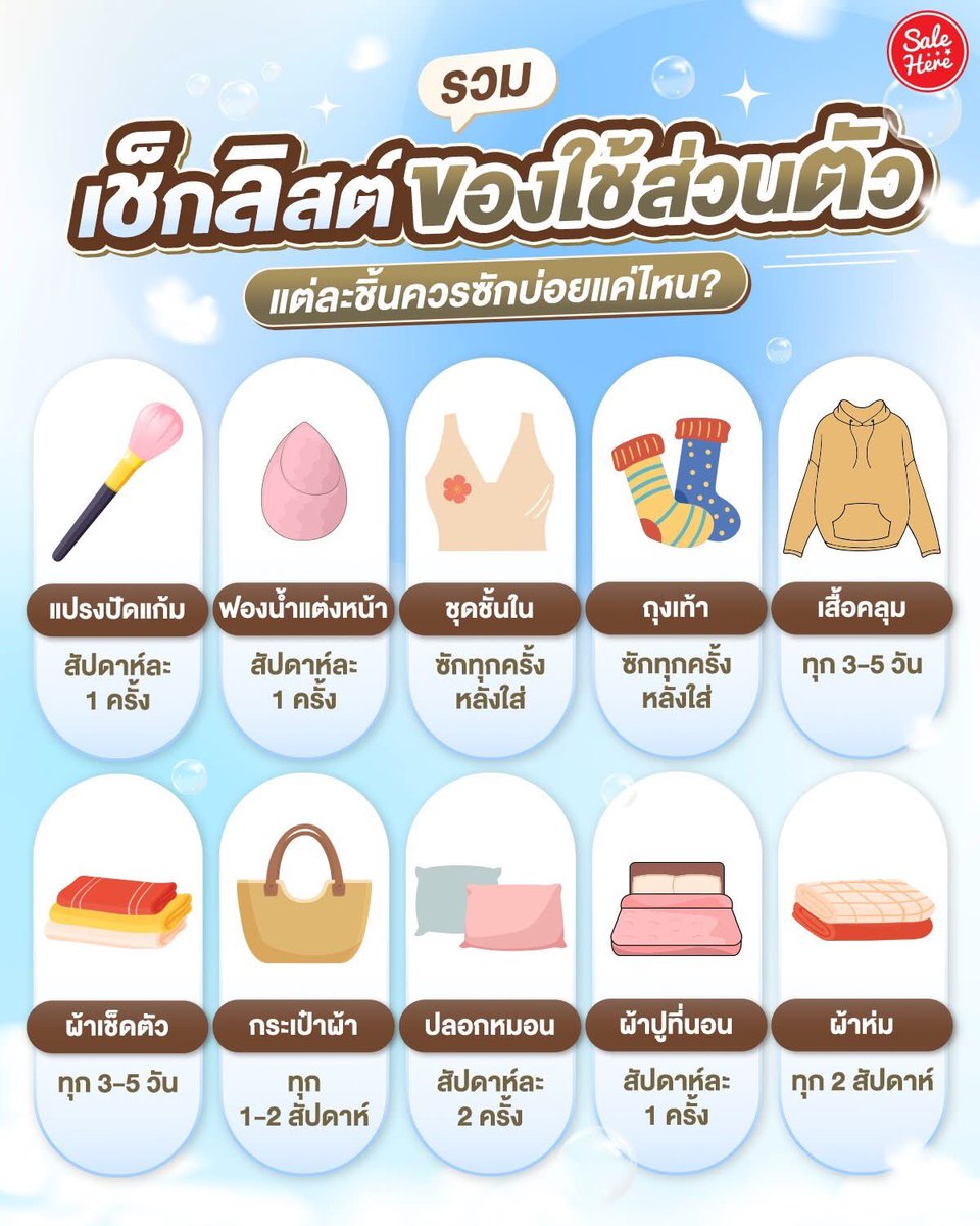 📣 เช็กด่วน! ของใช้ส่วนตัวแต่ละชิ้นควรซักบ่อยแค่ไหน? 🔍 ไอเทมที่เราใช้บ่อยหรือใช้ทุกวันอย่างอุปกรณ์แต่งหน้า เสื้อผ้าที่ใช้ตลอดอย่างถุงเท้าหรือเสื้อคลุม 👚 มาดูกันเล้ยว่าแต่ละอย่างควรซักภายในกี่วัน 🧺

#SaleHere #เซลเฮียร์