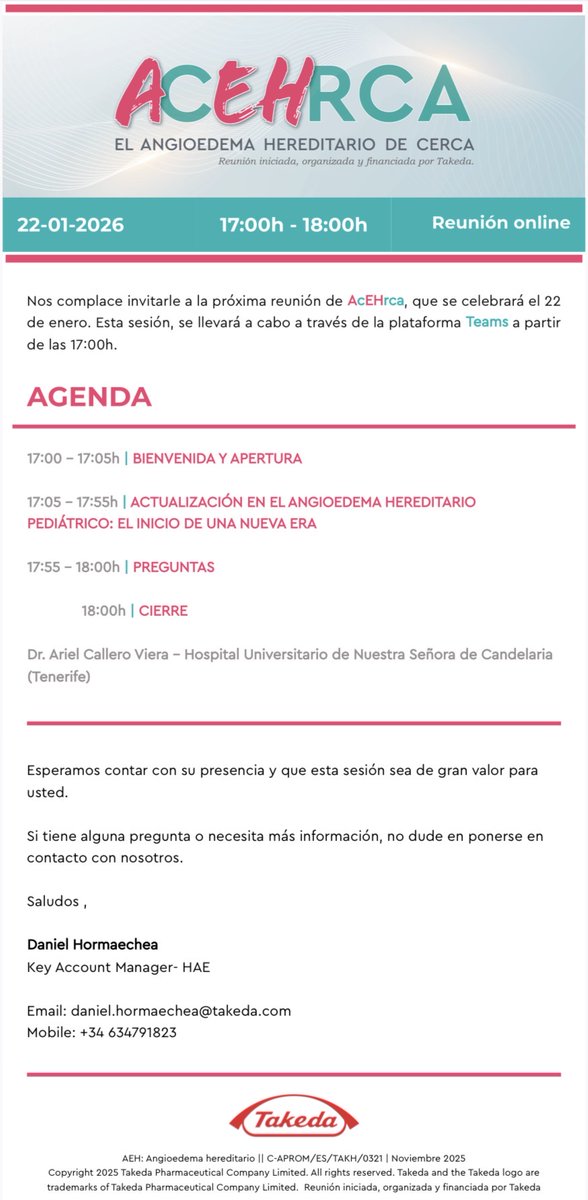 ¡Feliz día de Reyes 👑a todos! 
Ahí va va nuestro regalo: 
La <a href="/AlergiaCanaria/">Sociedad Canaria de Alergia e Inmunología Clínica</a>  se enorgullece en anunciar una colaboración con TAKEDA en la difusión de un ciclo formativo 📚compuesto por tres webinars 🛜centrados en el Angioedema Hereditario 🧬. 
📝Anota la primera fecha 22/1/26