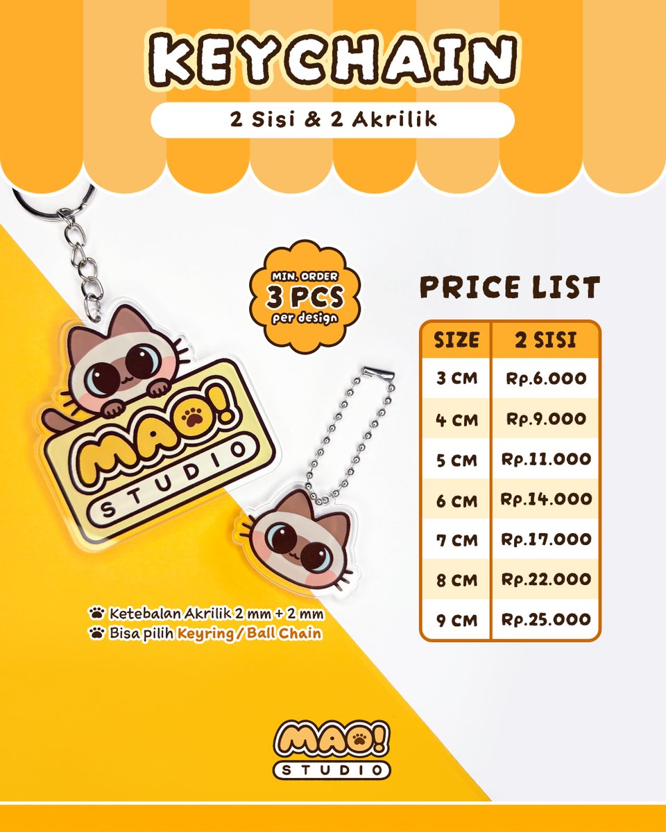 MAOStudioID's tweet image. 💛We are Open for Order!💛✨

Berikut Pricelist harga normal produk-produk di MAO yaaa ✨

Di MAO! Studio, kalian bisa cetak:
💛Keychain
🧡Translucent Keychain
💛Phone Charm
🧡Standee
💛Epoxy Keychain (Sedang Close Order)
🧡And more ~

#UVPrint #SmallBusiness #CustomKeychains