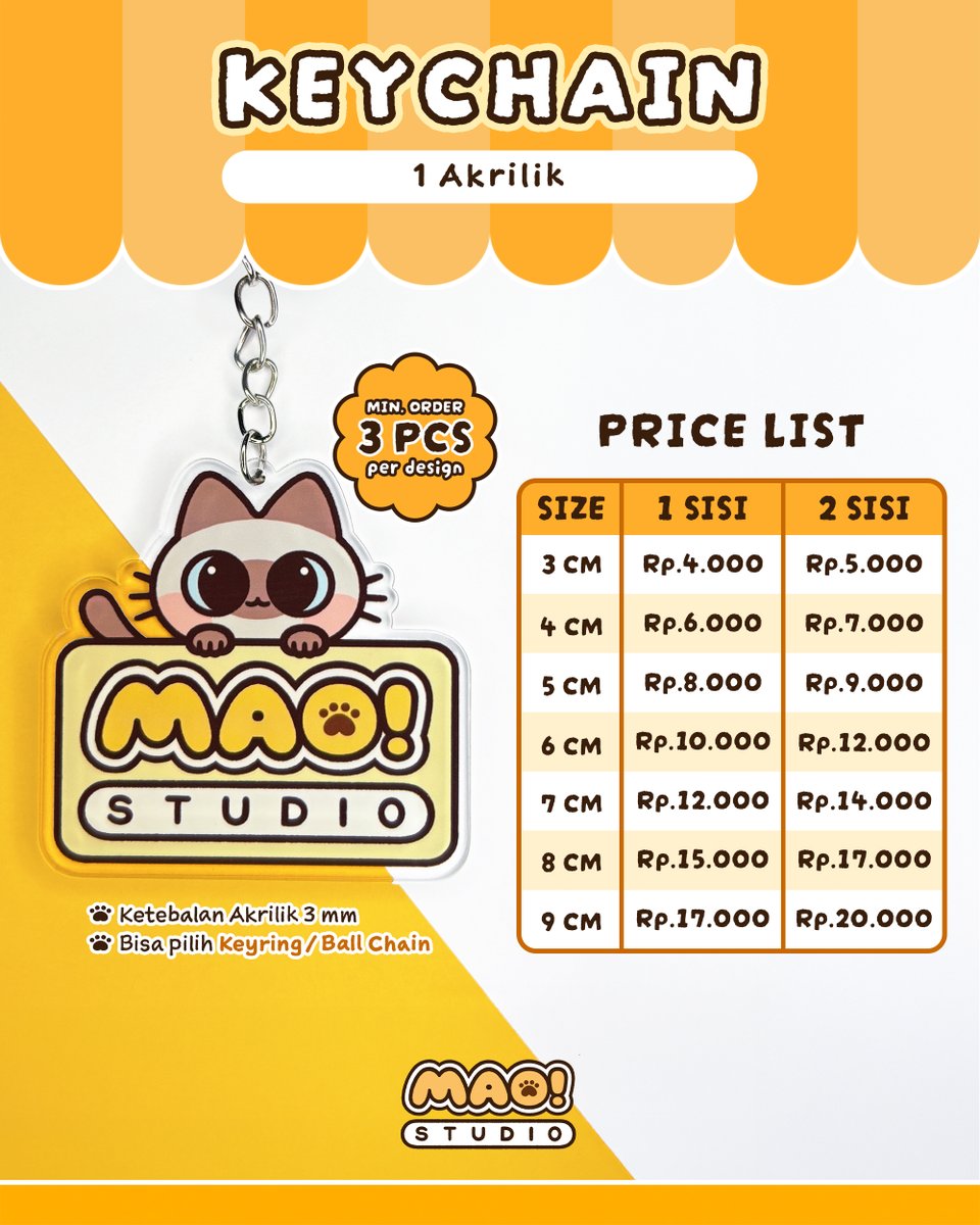 MAOStudioID's tweet image. 💛We are Open for Order!💛✨

Berikut Pricelist harga normal produk-produk di MAO yaaa ✨

Di MAO! Studio, kalian bisa cetak:
💛Keychain
🧡Translucent Keychain
💛Phone Charm
🧡Standee
💛Epoxy Keychain (Sedang Close Order)
🧡And more ~

#UVPrint #SmallBusiness #CustomKeychains