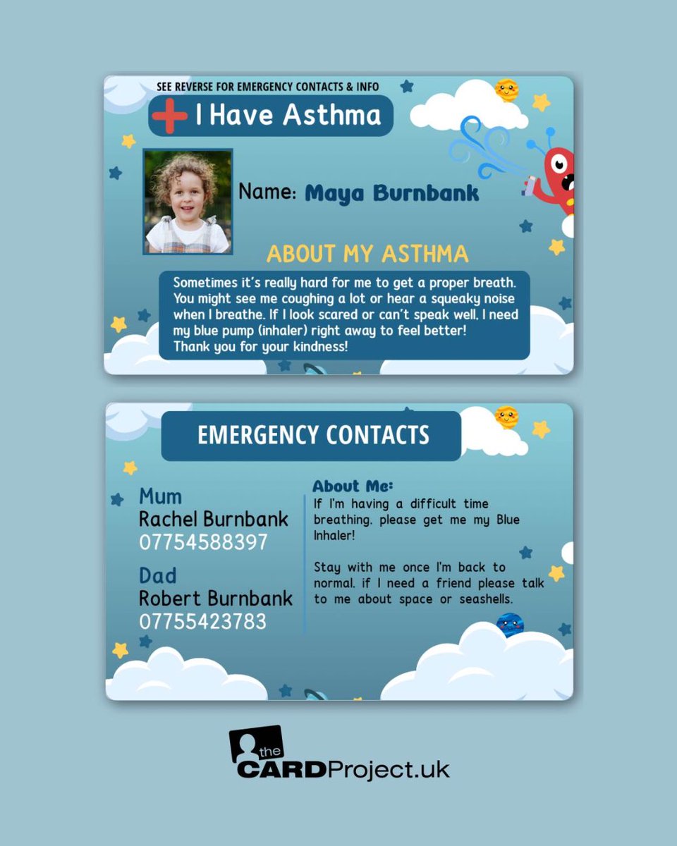 Personalised “I Have Asthma” Card for Kids

• Shows your child’s photo &amp; name for quick identification
• Clearly states “I Have Asthma” and what to do
• Space for 2 emergency contacts
• Short “About Me” section for comfort notes or calming distractions