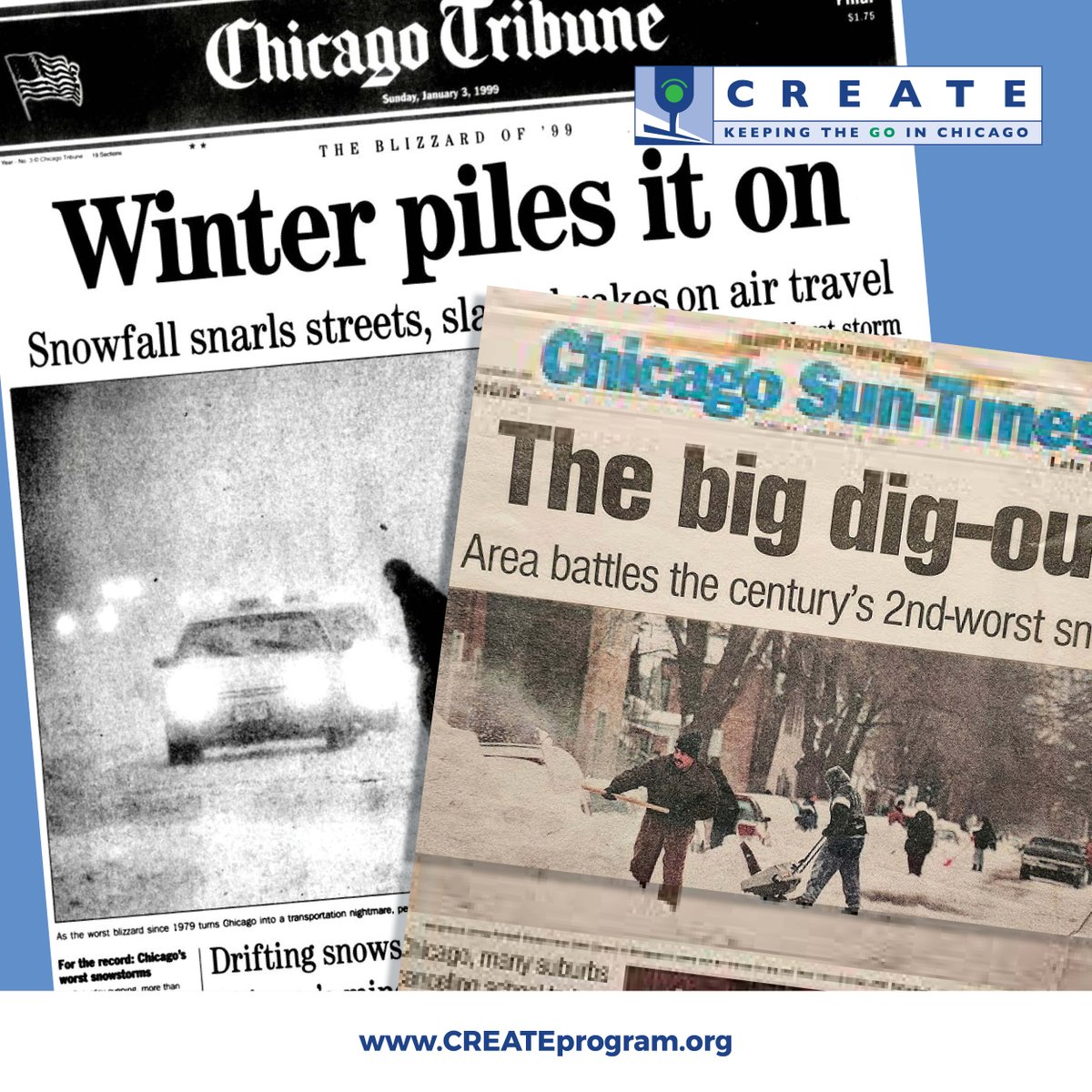 CREATE_Chicago's tweet photo. In January 1999, 21 inches of snow buried Chicago and exposed how vulnerable rail can be without reliable infrastructure.

That moment helped spark the CREATE Program, launched in 2003 to reduce gridlock and keep freight and passengers moving when it matters most.

#CREATEProgram https://t.co/o91uwyMpet