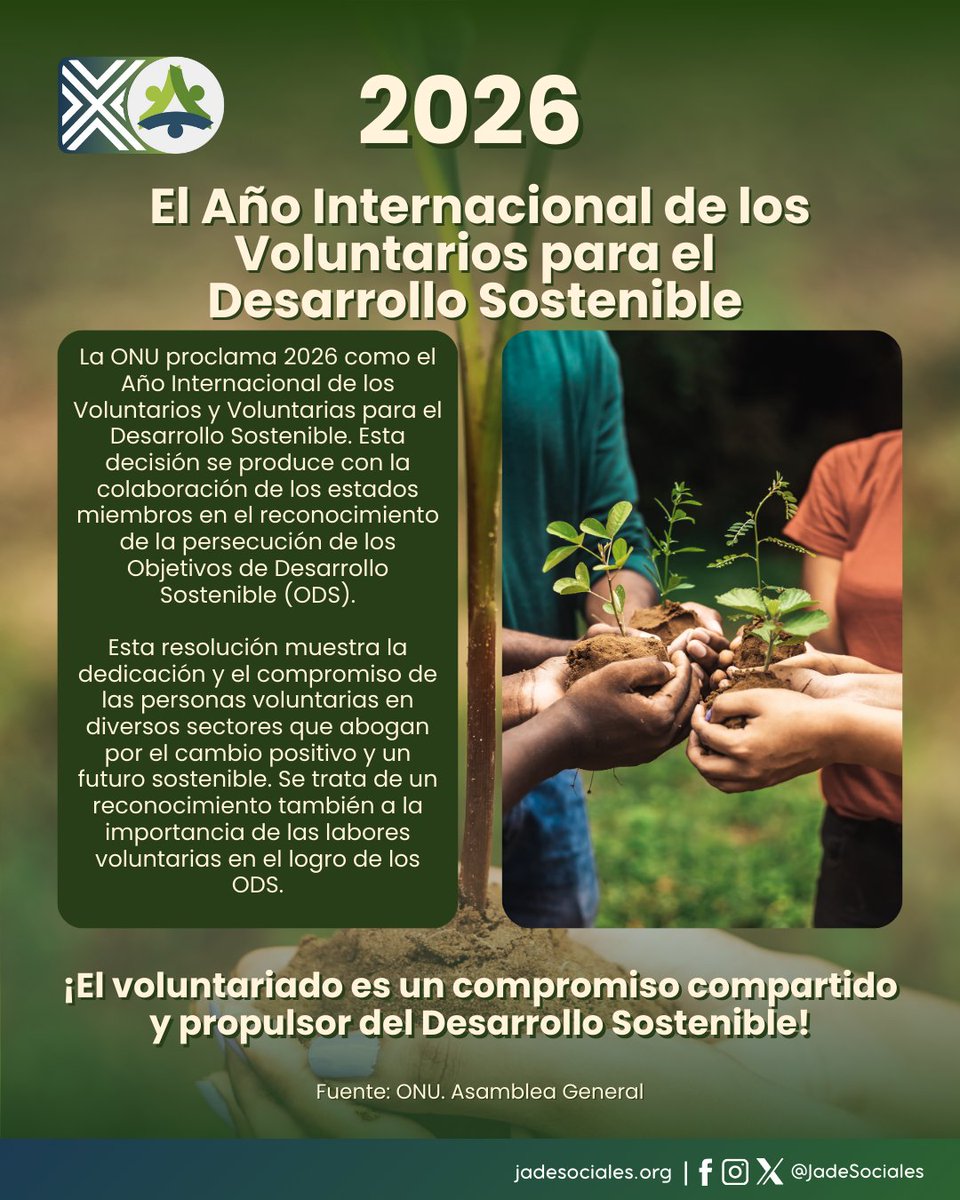 🌍2026: Año Internacional de los Voluntarios para el Desarrollo Sostenible. Un llamado global a sumarnos como agentes de cambio🌱.
#AñoDeLosVoluntarios #DesarrolloSostenible #Compromiso #AcciónColectiva #JadeSociales