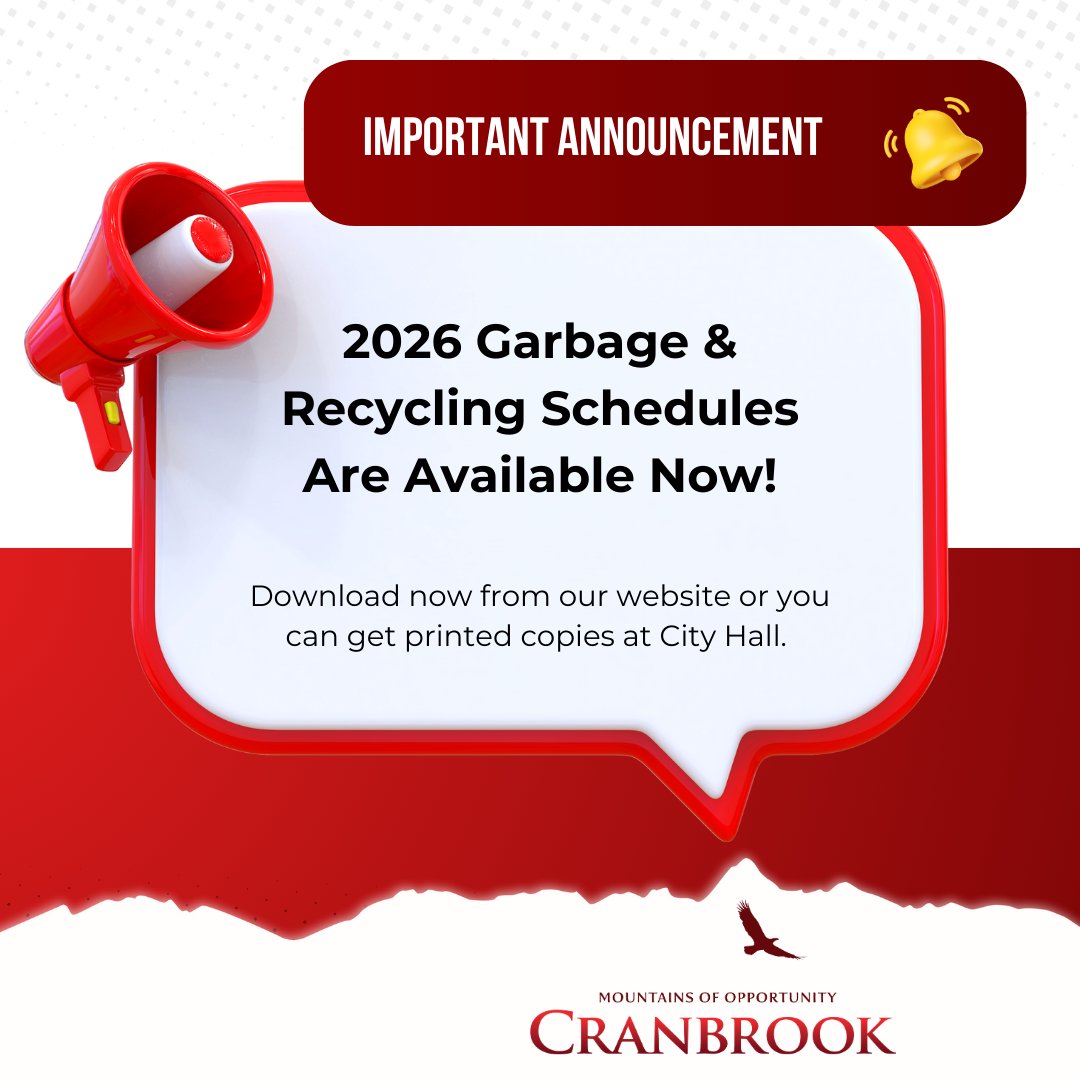 cityofcranbrook's tweet photo. Important note: Our garbage &amp; recycling text alerts are down but we’re working on it! Check your pickup days online @ https://t.co/em3Yg9M1q1 get a paper copy at City Hall. #Cranbrook #GarbagePickup #RecyclingSchedule https://t.co/d0ZPuNnrMr