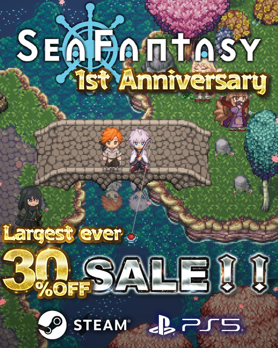 Today marks one year since the release of the Steam version of Sea Fantasy 🎉!!

Over the past year, more than 30,000 people have picked up the Steam version!!

Thank you so much to everyone who has played!!

We're holding the biggest sale ever on Steam and PS5 at 30% off!!