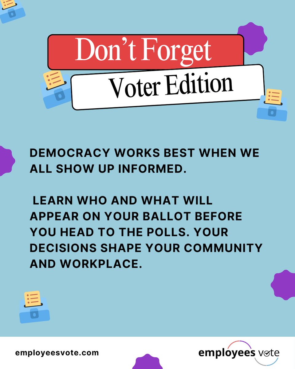 EmployeesVote's tweet image. Feeling overwhelmed about primaries? Make it simple:

1️⃣ Check your voter registration

2️⃣ Mark your state’s primary date

3️⃣ Plan your ballot

Small steps, big impact. #MidtermsMatter #EmployeesVote