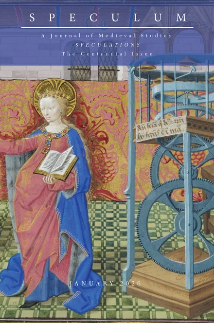 The cover image for the centennial issue of the journal Speculum. It is illustrated by a detail from a fifteenth-century manuscript illumination, depicting Wisdom as a richly clothed woman, who holds open a book in her left hand. On the right of the illustration is an elaborate timekeeping device.